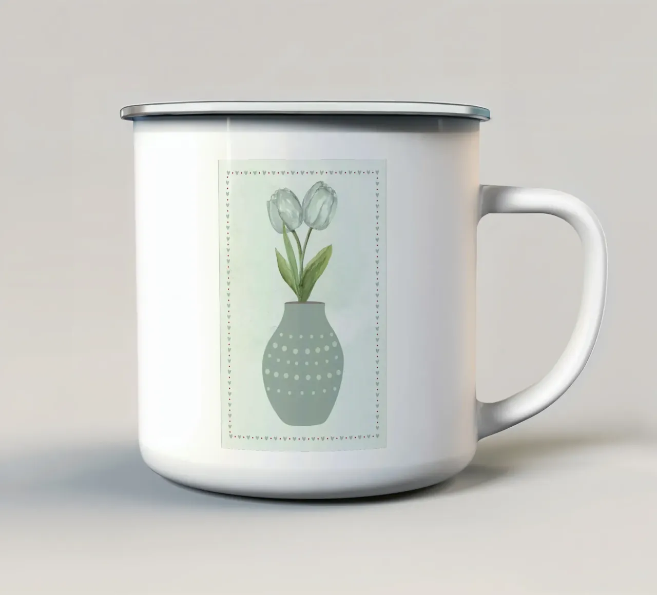 Tulipani acquerellati in vaso tazza in smalto da bazi