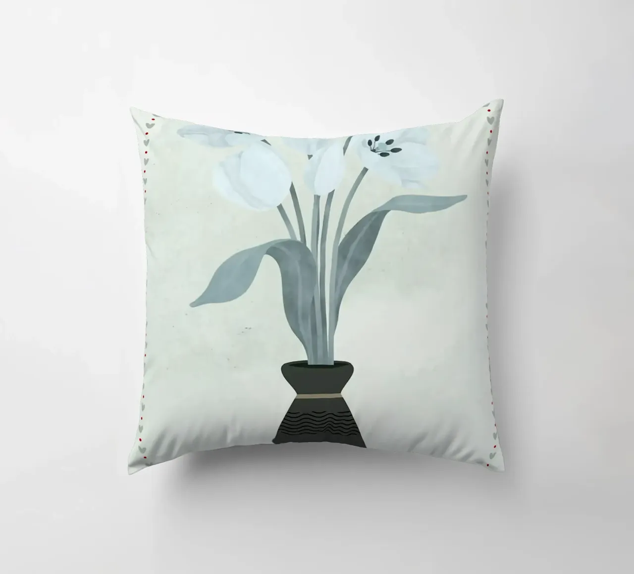 Tulipani in vaso con bordo a cuore cuscino da bazi