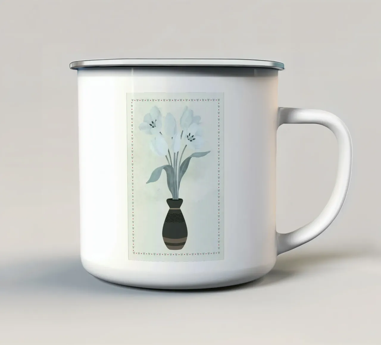 Tulipani in vaso con bordo a cuore tazza in smalto da bazi