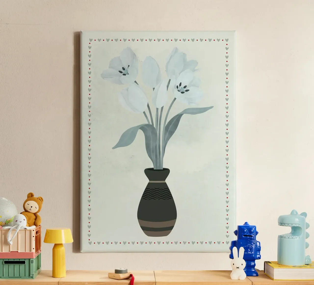 Tulpen in Vase mit Herzumrandung Leinwand von bazi