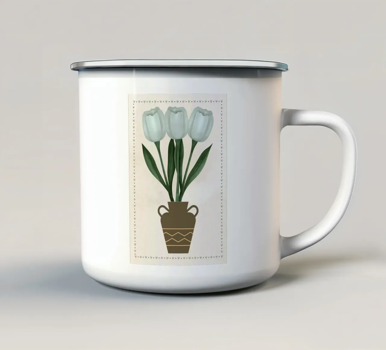 Tulipani in vaso con bordo a cuore tazza in smalto da bazi