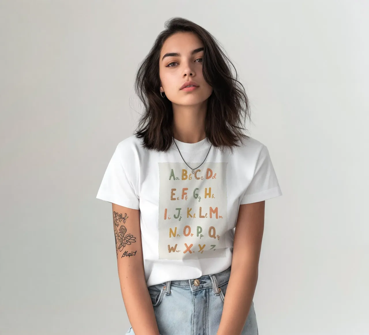 Grafico dell'alfabeto con lettere colorate t-shirt da bazi