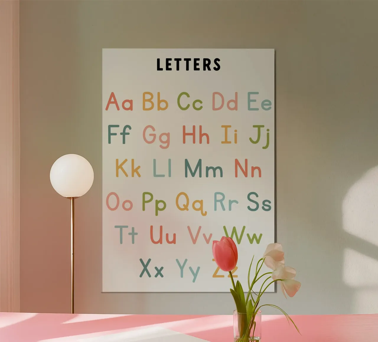 Grafico dell'alfabeto con lettere colorate alluminio dibond da bazi