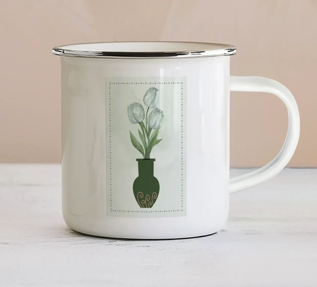Tulipani acquerellati in vaso tazza in smalto da bazi