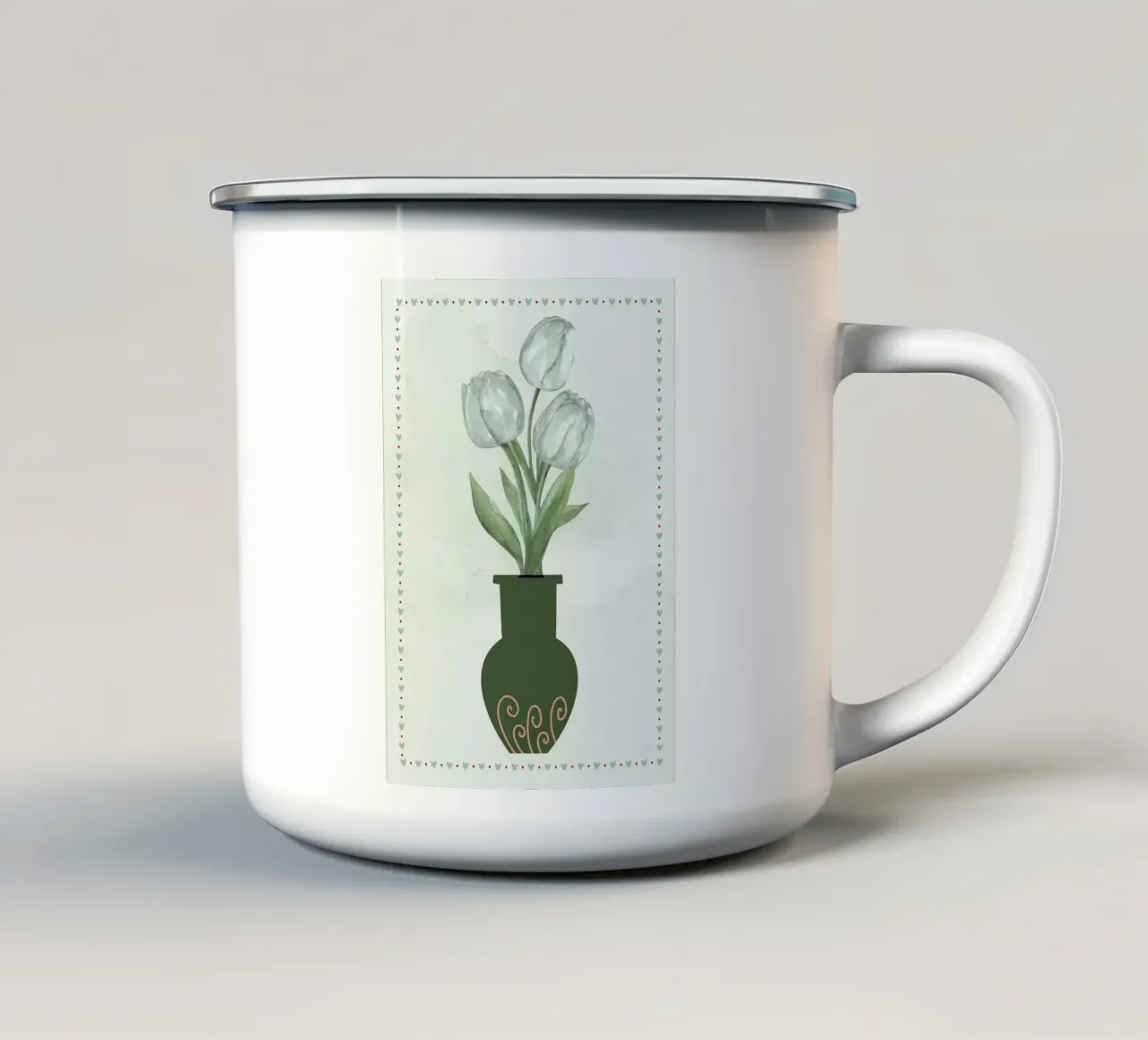 Tulipani acquerellati in vaso tazza in smalto da bazi