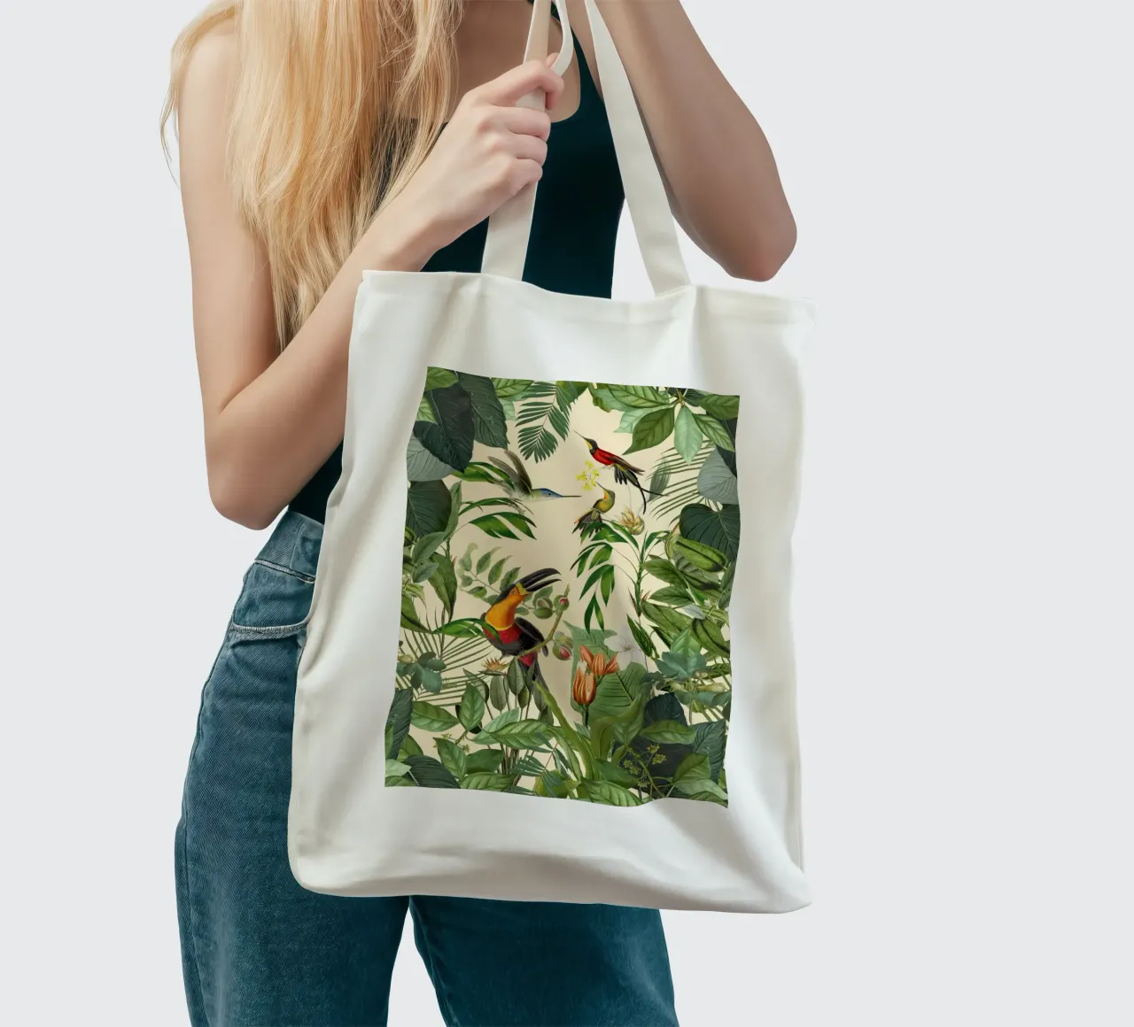 Toucans And Hummingbirds Paradise borsa in juta da Andrea Haase Vintage World
