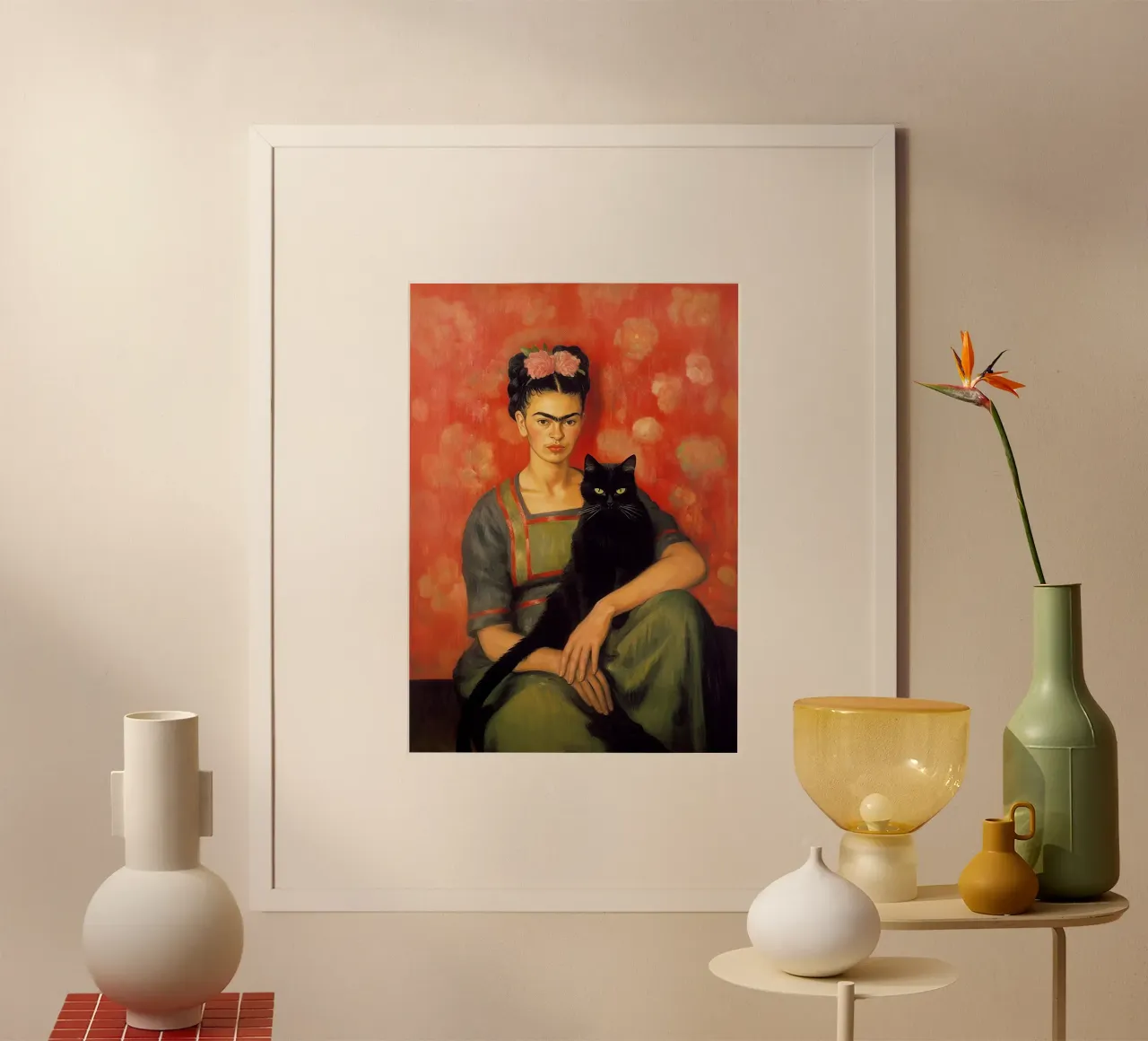 Ritratto di gatto Rosa Fiori Rossi Frida Kahlo poster con telaio in plastica da Euphoria Theresa