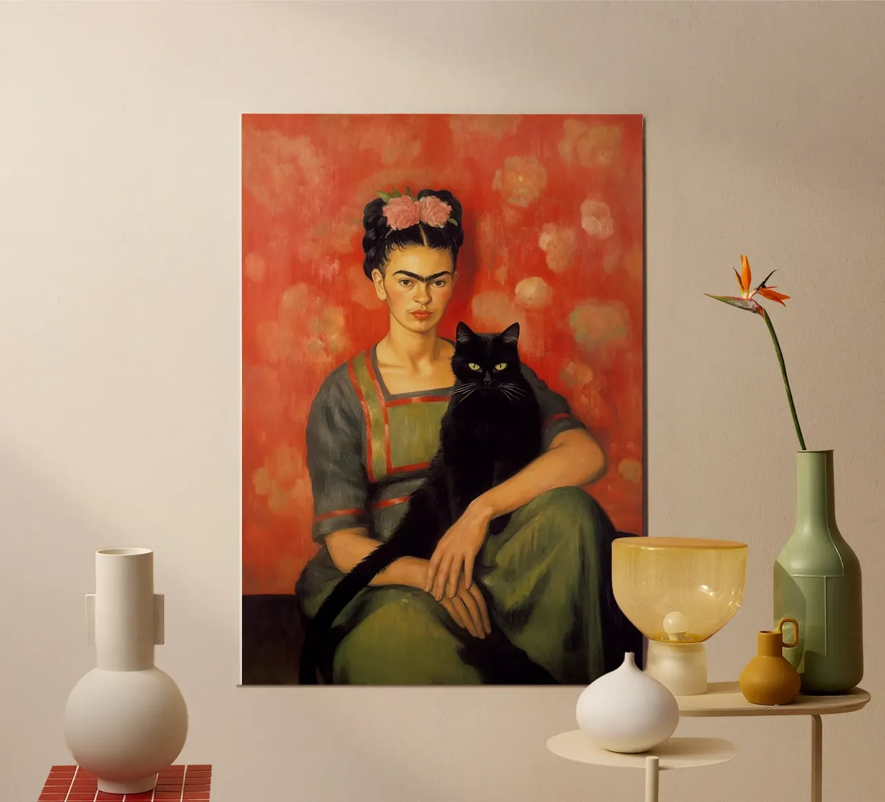 Ritratto di gatto Rosa Fiori Rossi Frida Kahlo poster con telaio in plastica da Euphoria Theresa