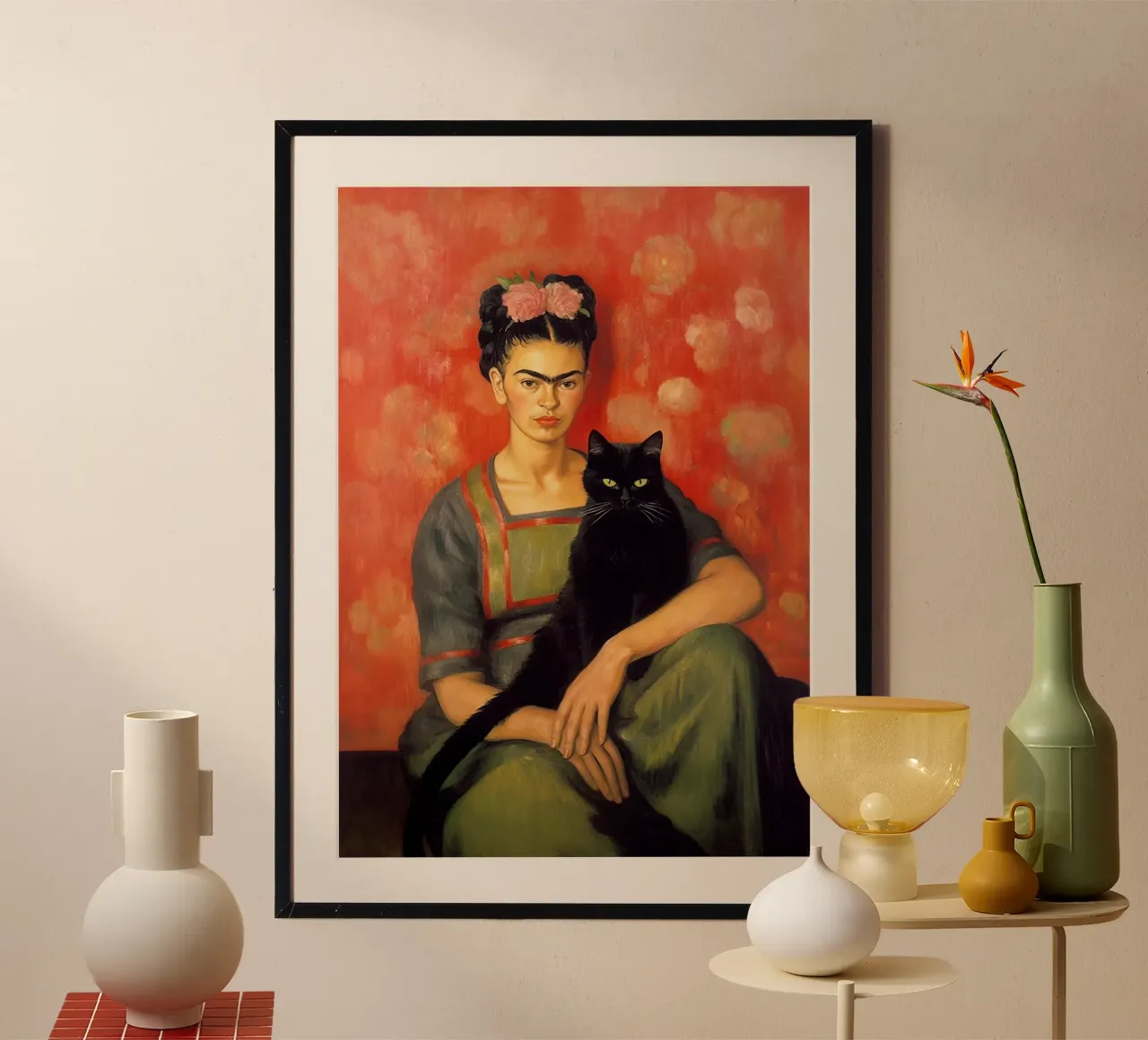 Ritratto di gatto Rosa Fiori Rossi Frida Kahlo poster con telaio in plastica da Euphoria Theresa