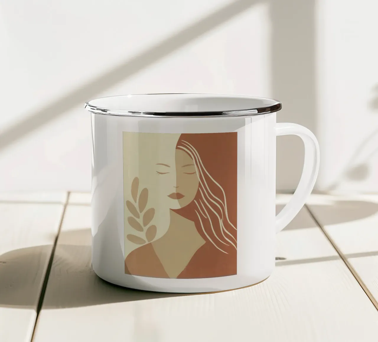 Donna boho in beige e marrone | Quadro Zen tazza in smalto da Autofocus