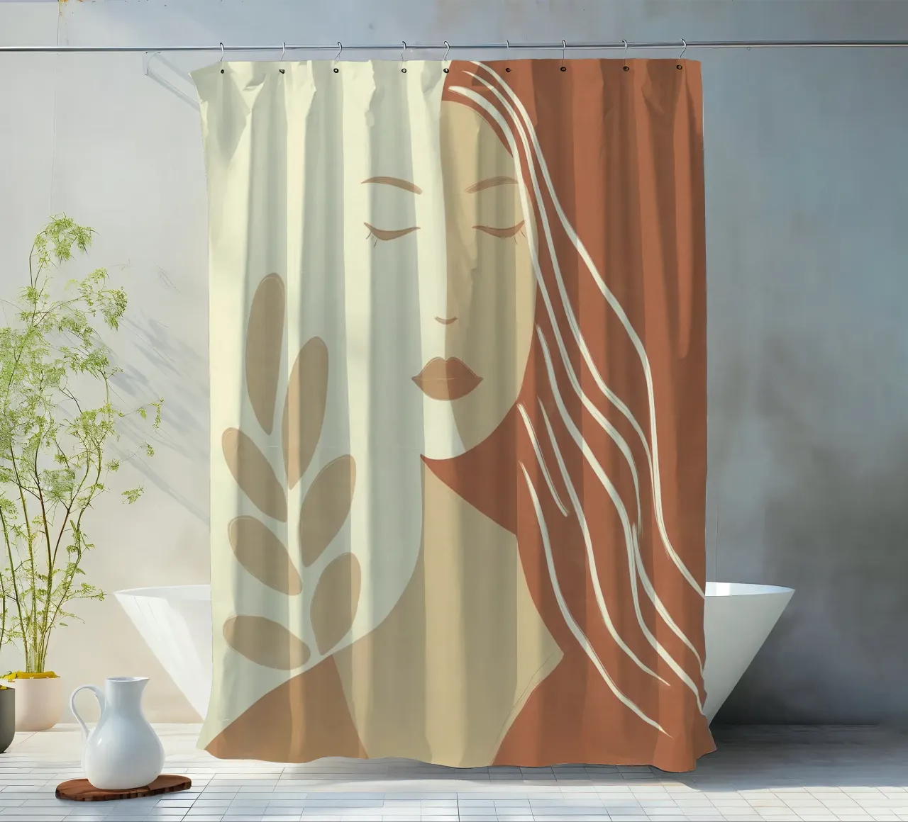 Boho woman in beige and brown | Zen painting shower curtain by Autofocus