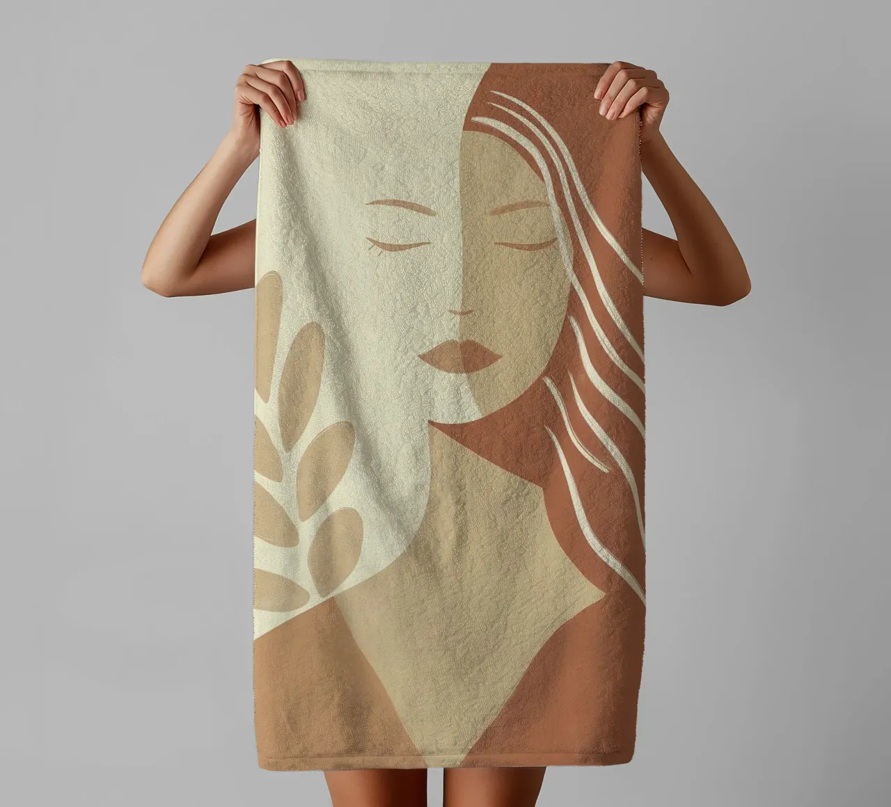 Boho woman in beige and brown | Zen painting towel by Autofocus