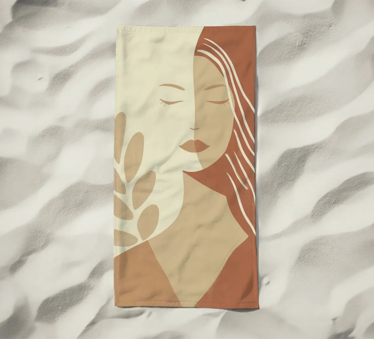 Boho woman in beige and brown | Zen painting beach towel by Autofocus
