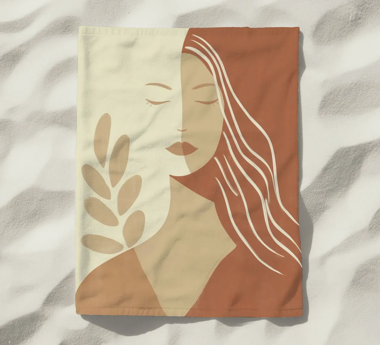 Boho woman in beige and brown | Zen painting beach towel by Autofocus