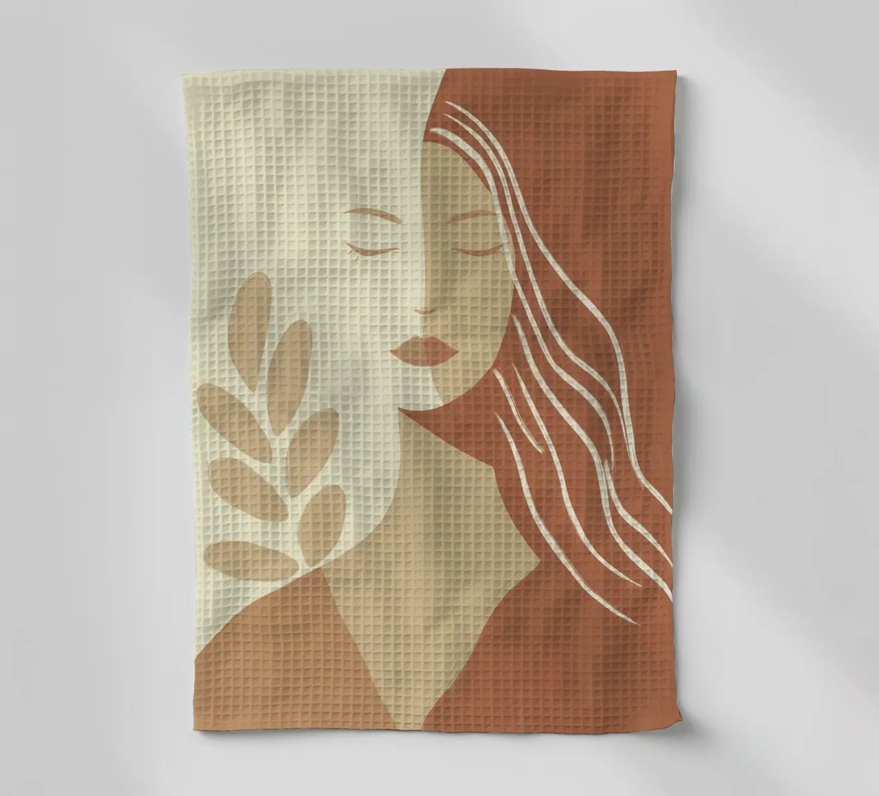Boho woman in beige and brown | Zen painting tea towel by Autofocus