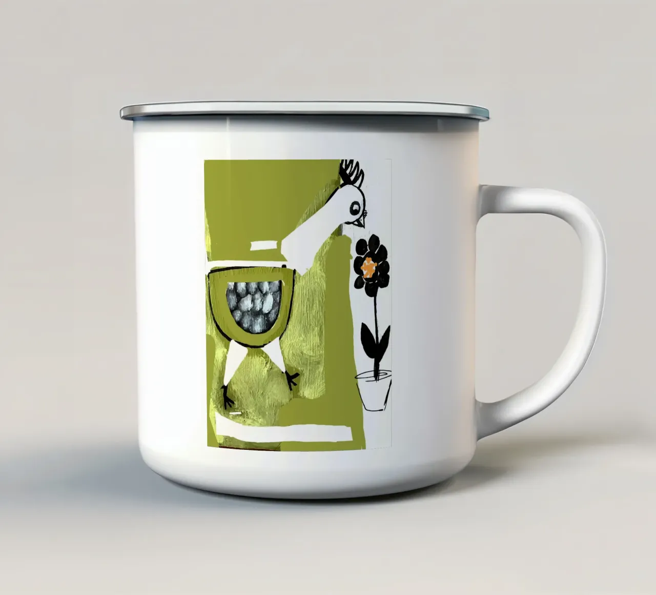 Chicken and Flower tazza in smalto da Leslie Greenrod