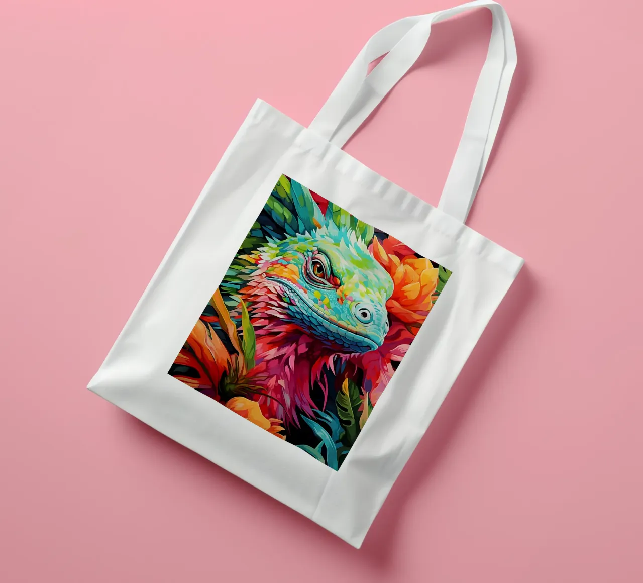Lucertola colorata tra i fiori borsa in juta da PosterByFly