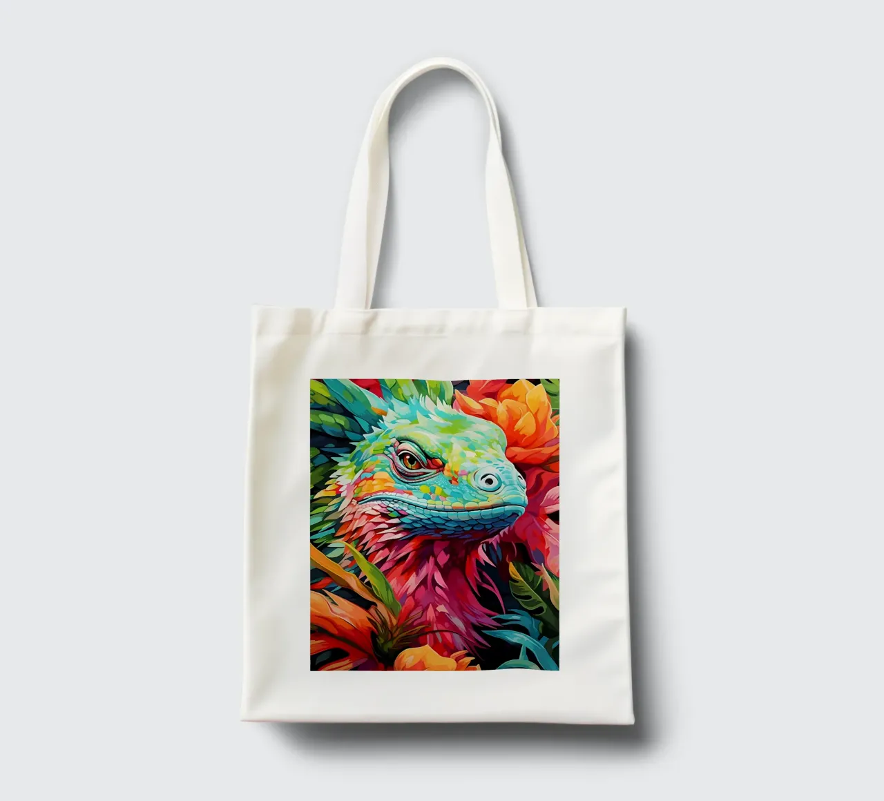 Lucertola colorata tra i fiori borsa in juta da PosterByFly