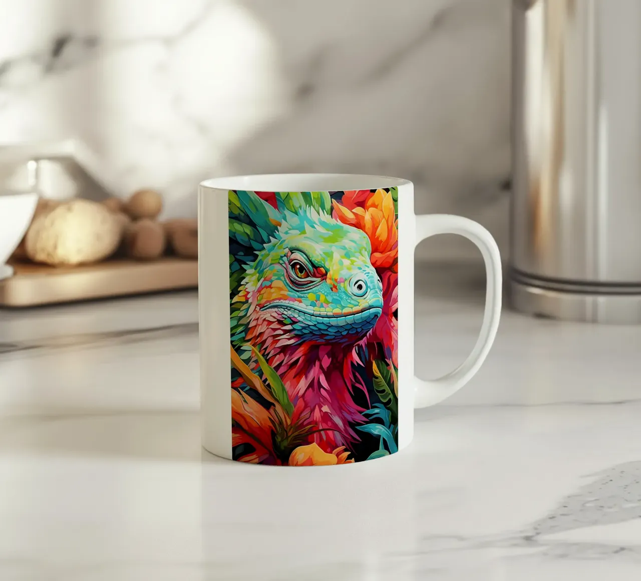 Lucertola colorata tra i fiori tazza in ceramica da PosterByFly