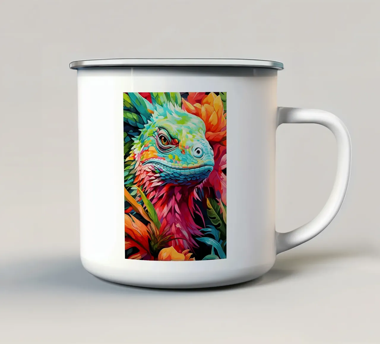 Lucertola colorata tra i fiori tazza in smalto da PosterByFly