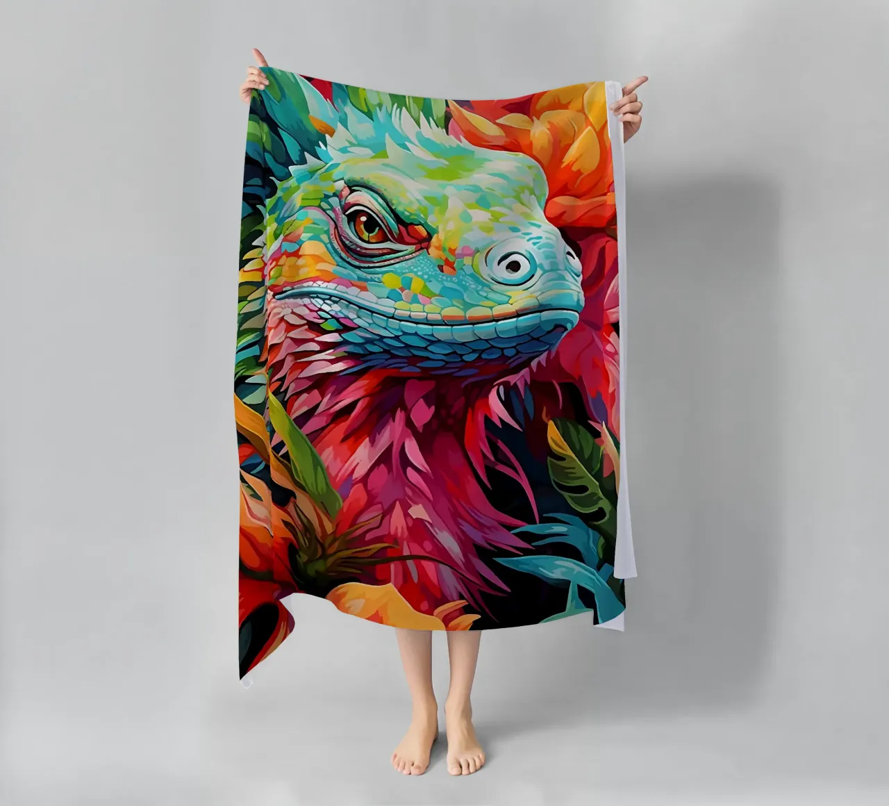 Lucertola colorata tra i fiori telo mare da PosterByFly