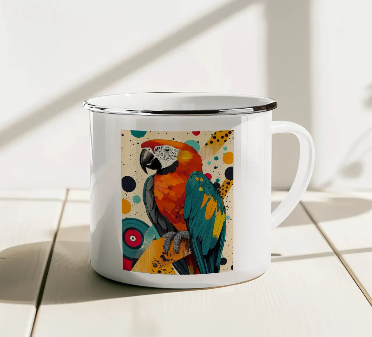Kleurrijke papegaai abstracte kunstdruk emaille mok van PosterByFly
