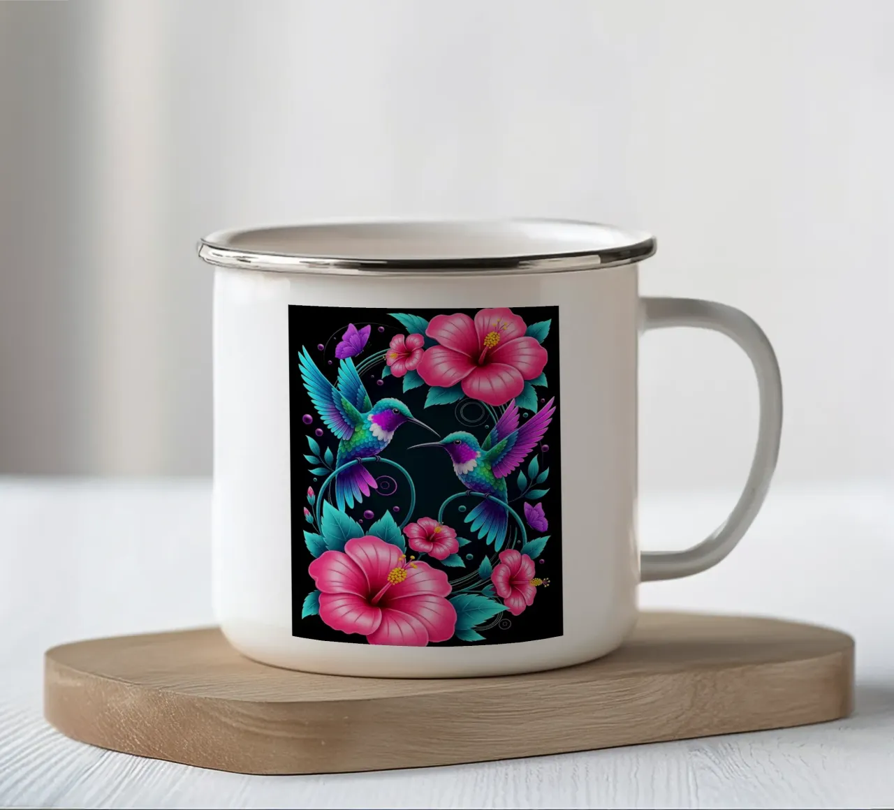 Arte floreale con colibrì e ibisco tazza in smalto da PosterByFly