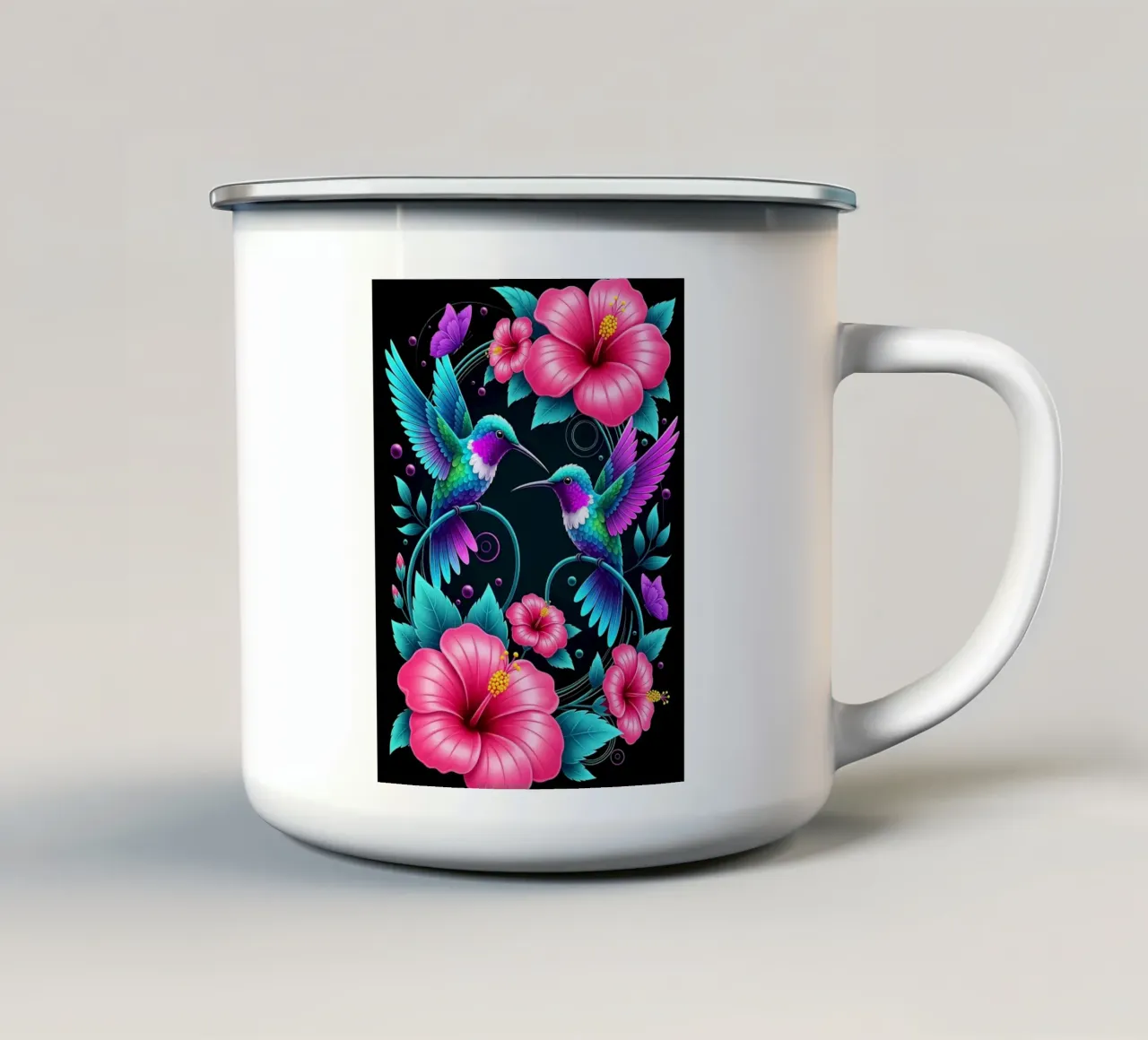 Arte floreale con colibrì e ibisco tazza in smalto da PosterByFly