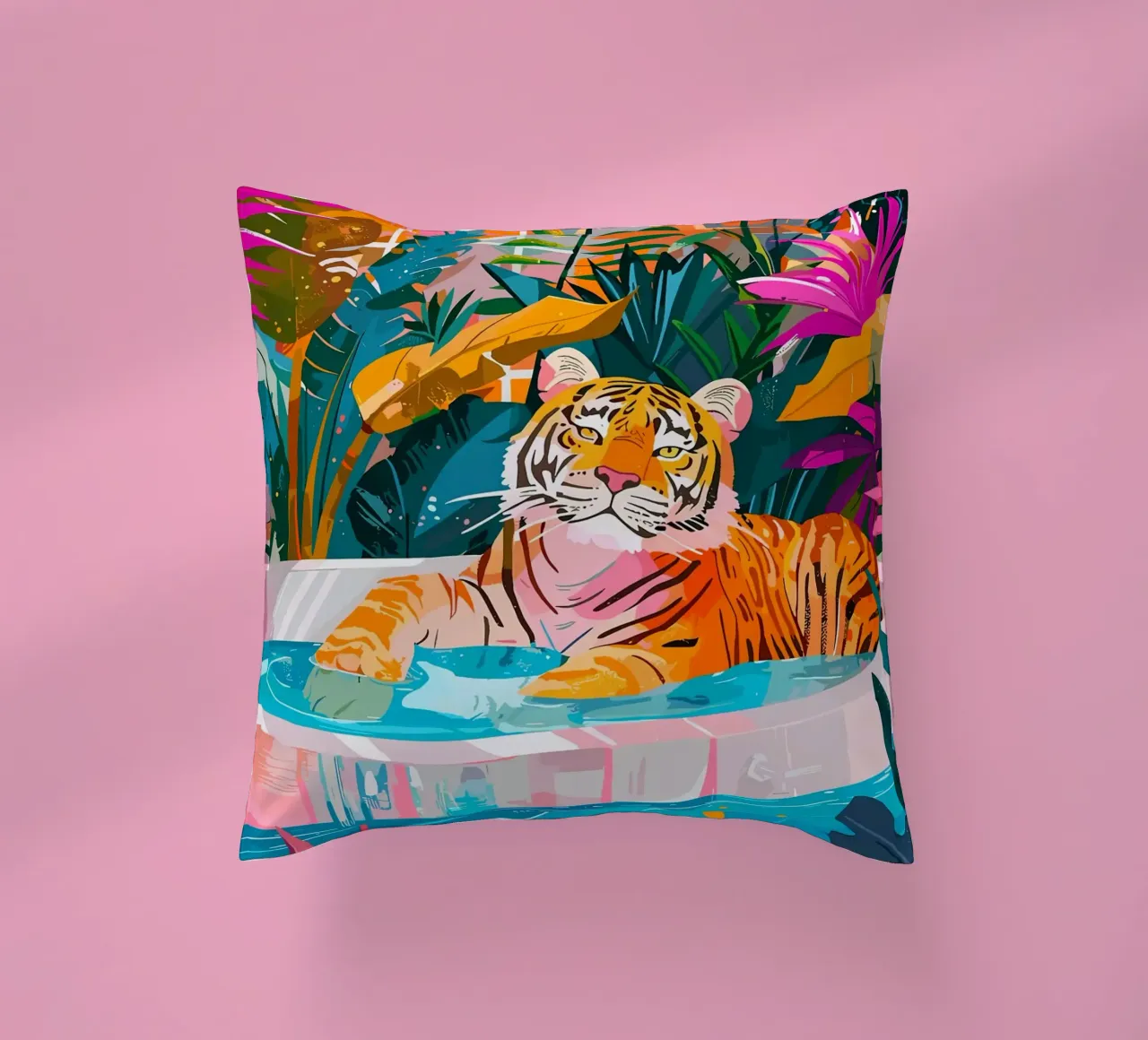 Tigre in piscina circondata dal fogliame cuscino da PosterByFly