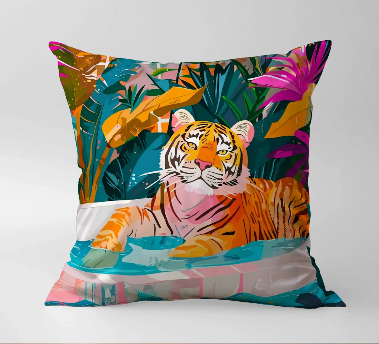 Tigre in piscina circondata dal fogliame cuscino da PosterByFly