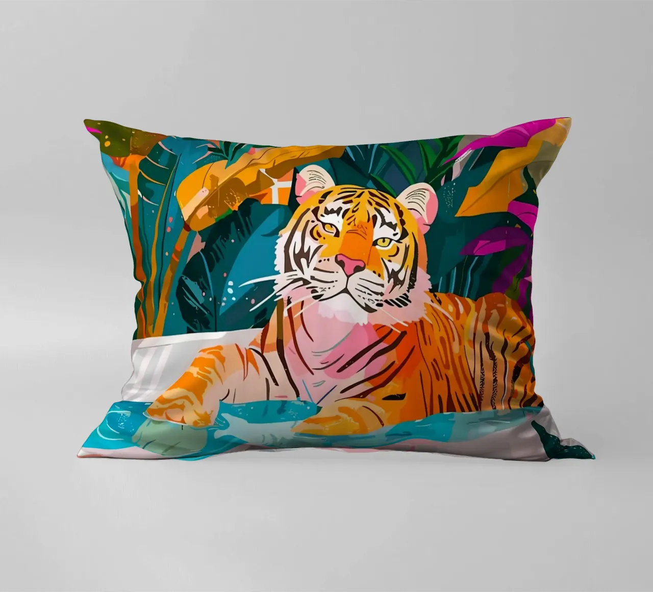 Tigre in piscina circondata dal fogliame cuscino da PosterByFly