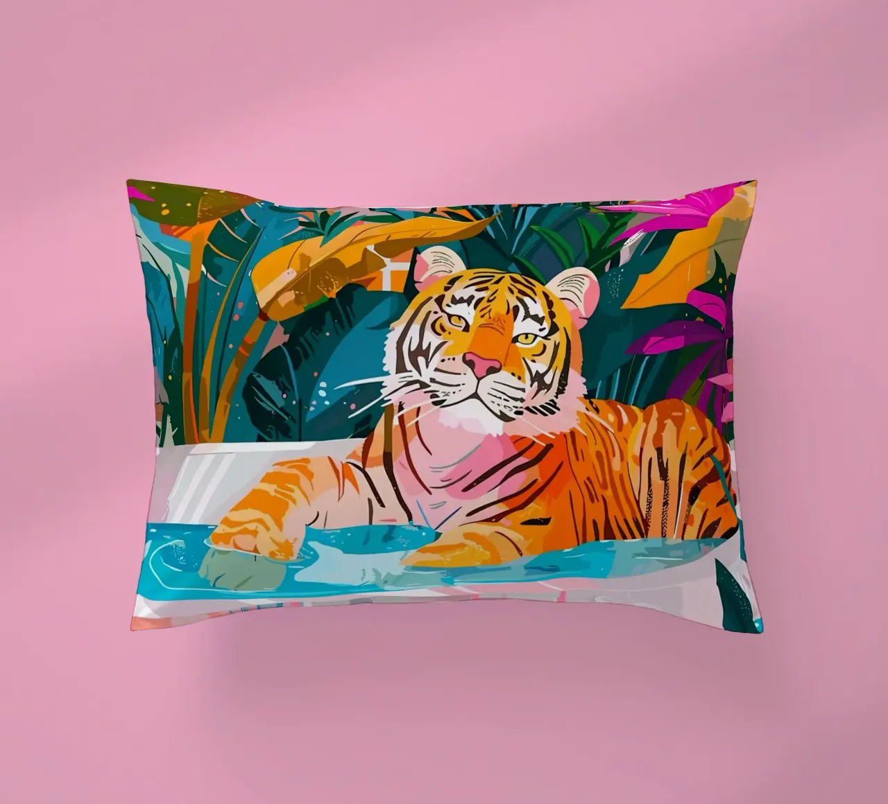 Tigre in piscina circondata dal fogliame cuscino da PosterByFly