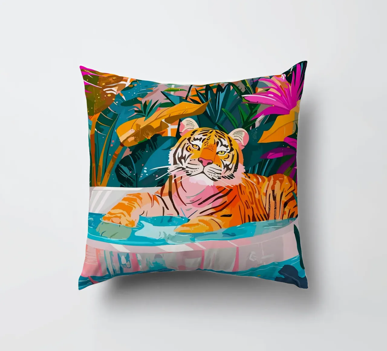 Tigre in piscina circondata dal fogliame cuscino da PosterByFly