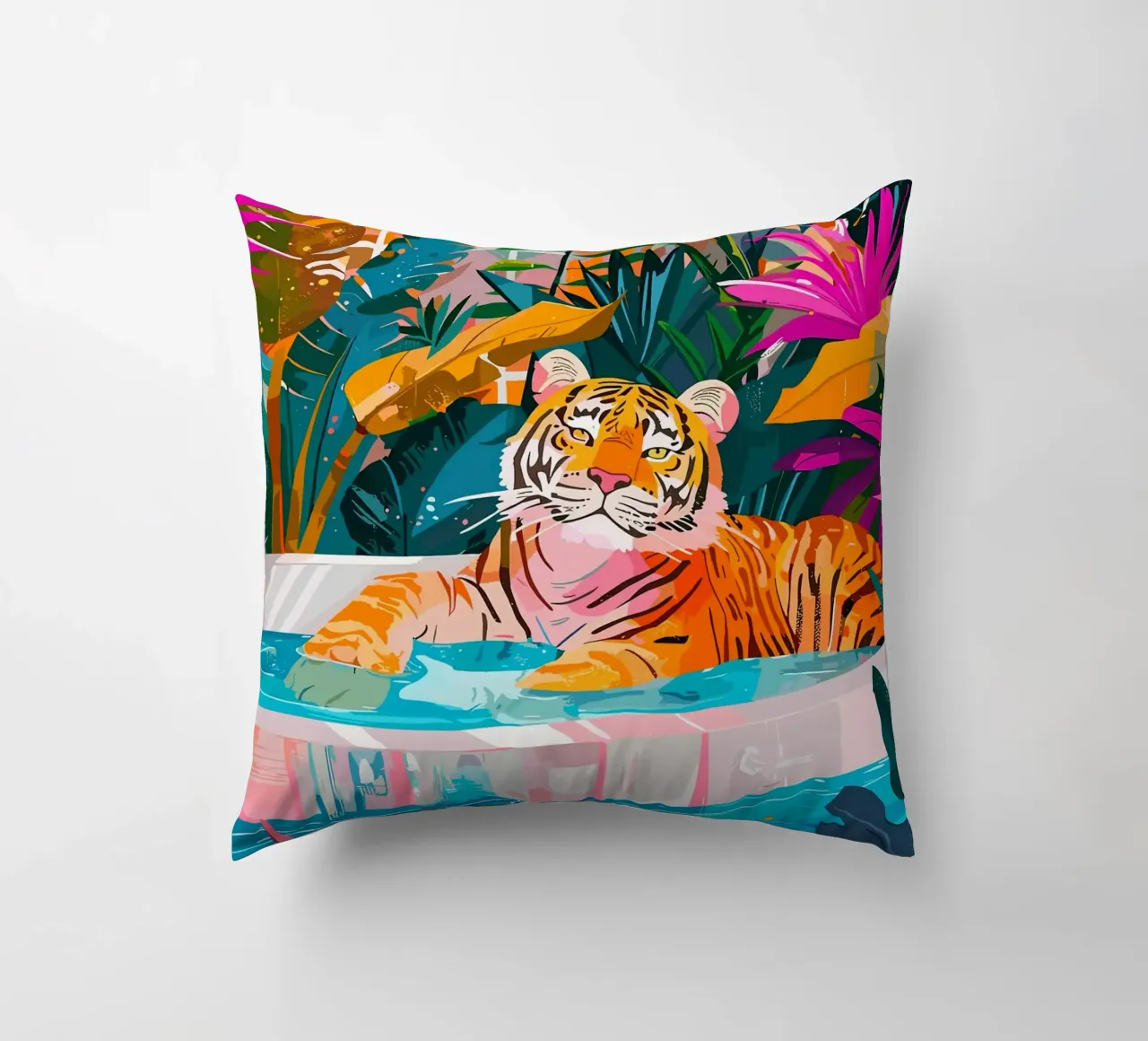 Tigre in piscina circondata dal fogliame cuscino da PosterByFly