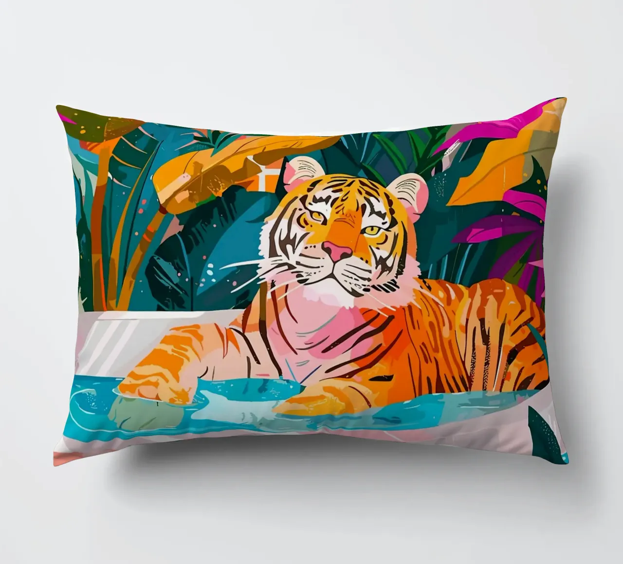Tigre in piscina circondata dal fogliame cuscino da PosterByFly