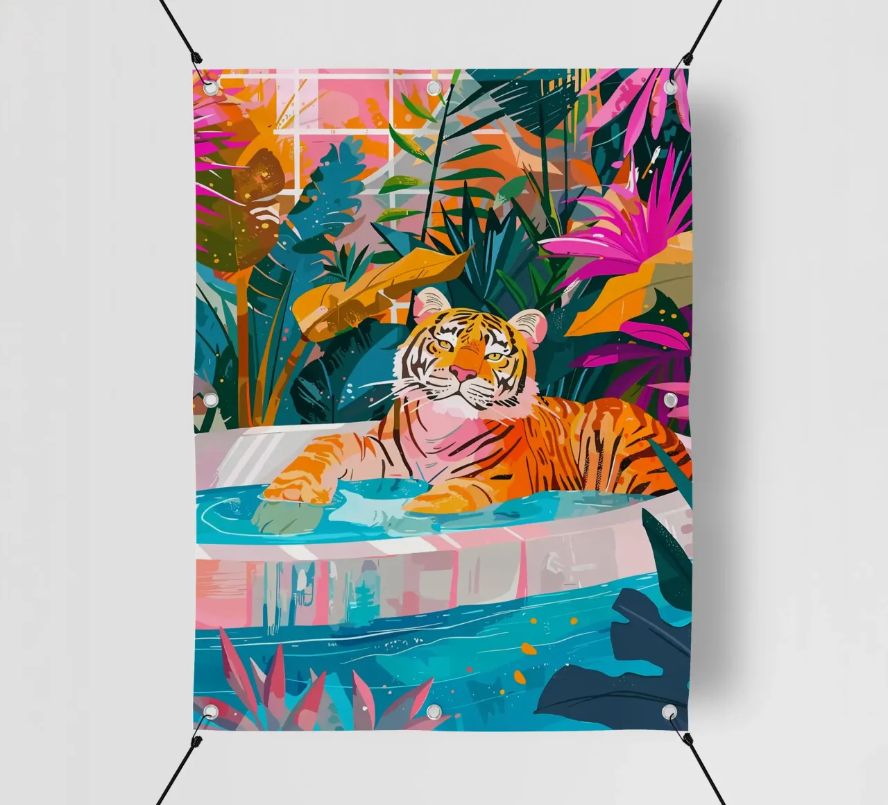 Tigre in piscina circondata dal fogliame telo in pvc da PosterByFly