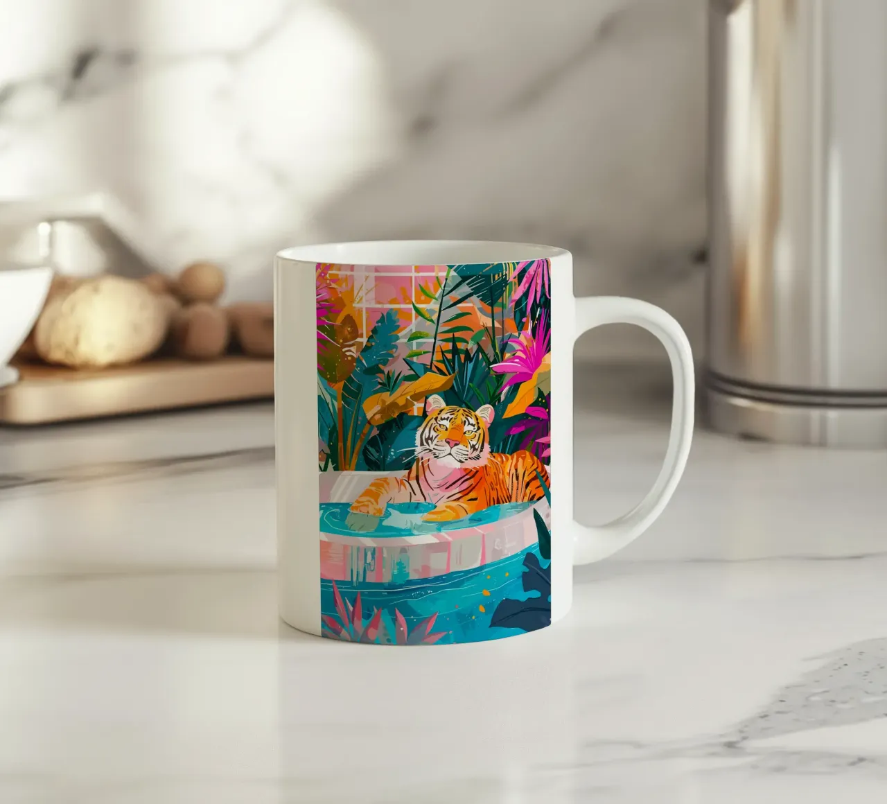 Tigre in piscina circondata dal fogliame tazza in ceramica da PosterByFly
