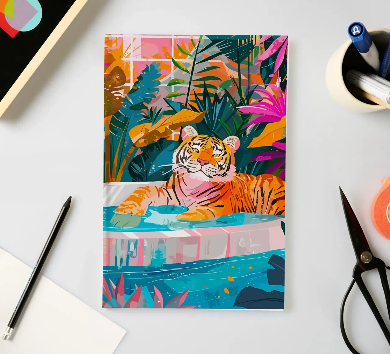 Tiger in Pool Surrounded by Foliage notebook by PosterByFly