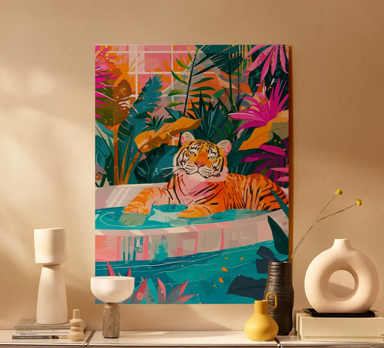 Tigre in piscina circondata dal fogliame plexiglass da PosterByFly