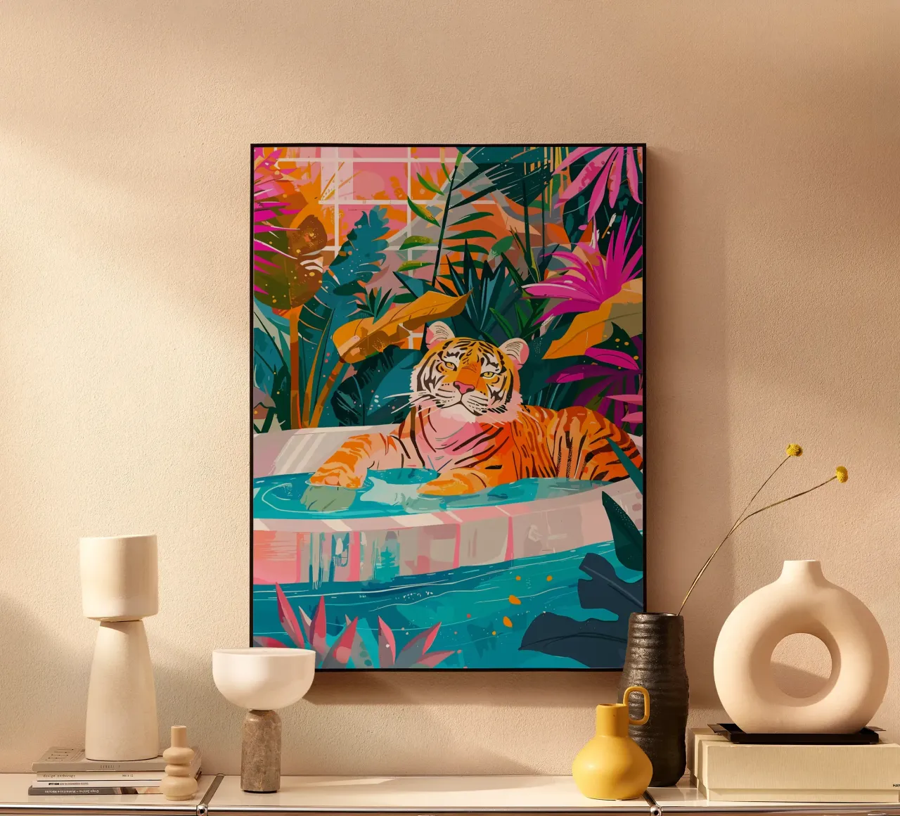 Tigre in piscina circondata dal fogliame alluminio dibond da PosterByFly