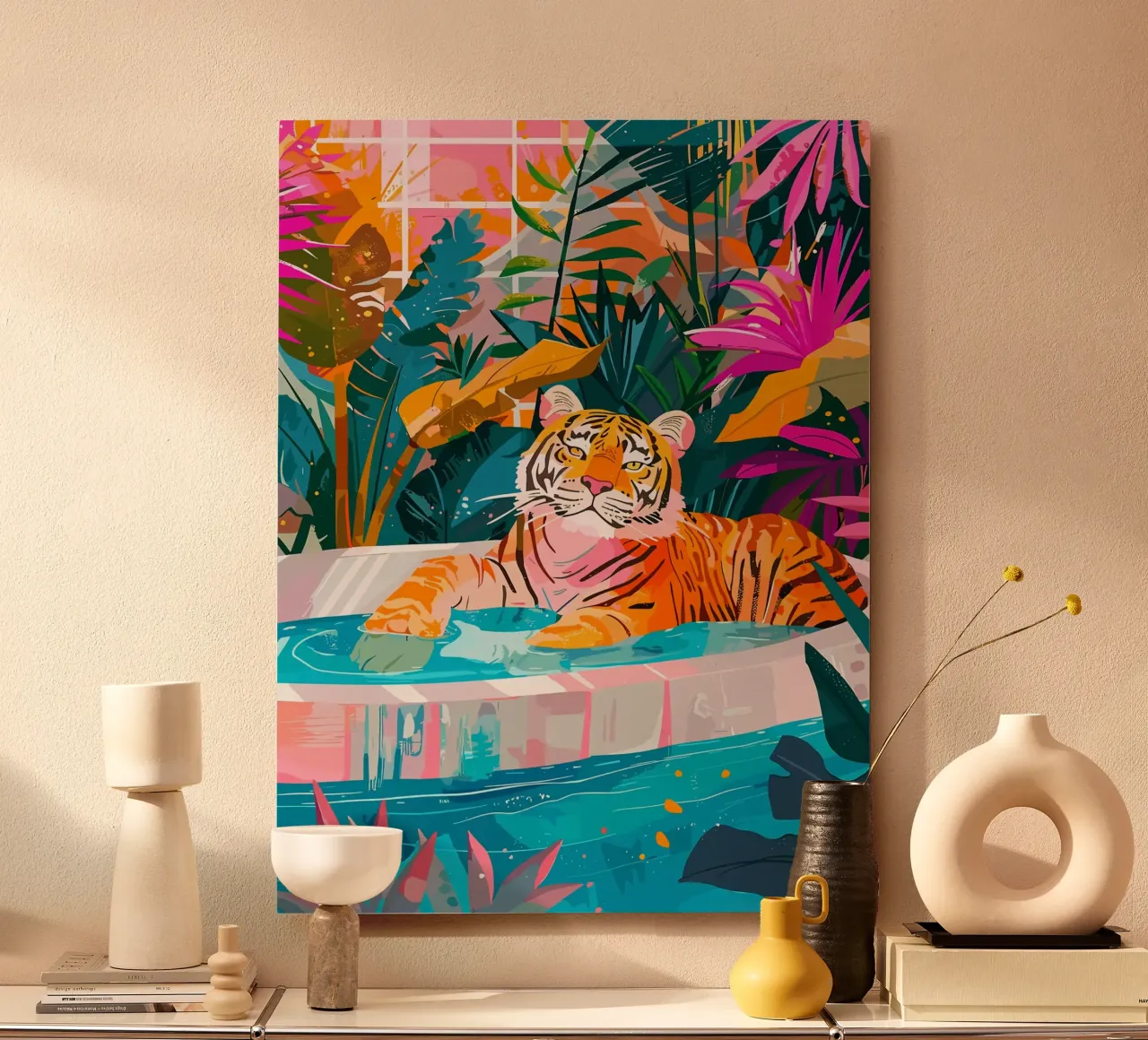Tigre in piscina circondata dal fogliame alluminio dibond da PosterByFly