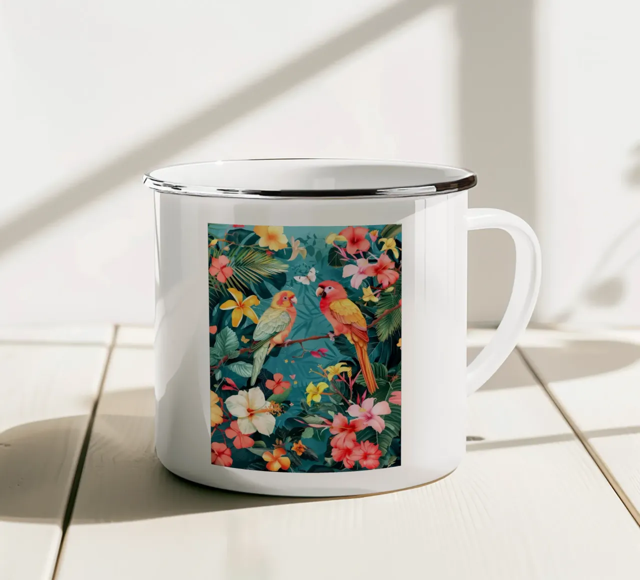 Uccelli tropicali e fiori di ibisco tazza in smalto da PosterByFly