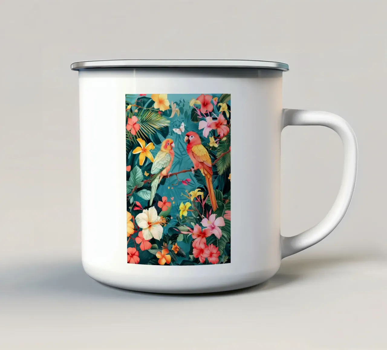 Uccelli tropicali e fiori di ibisco tazza in smalto da PosterByFly