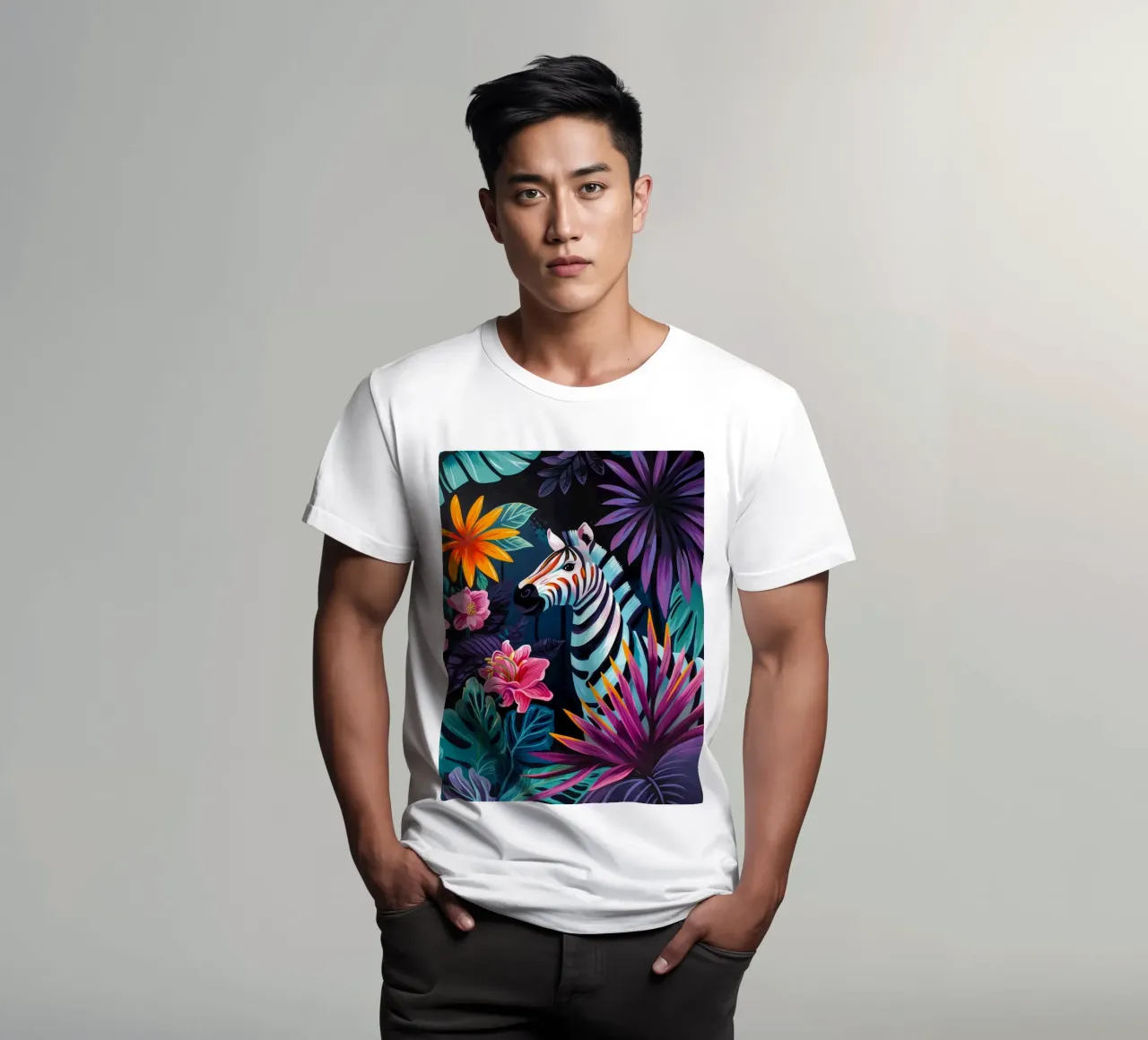 Zebra in un ambiente floreale tropicale t-shirt da PosterByFly