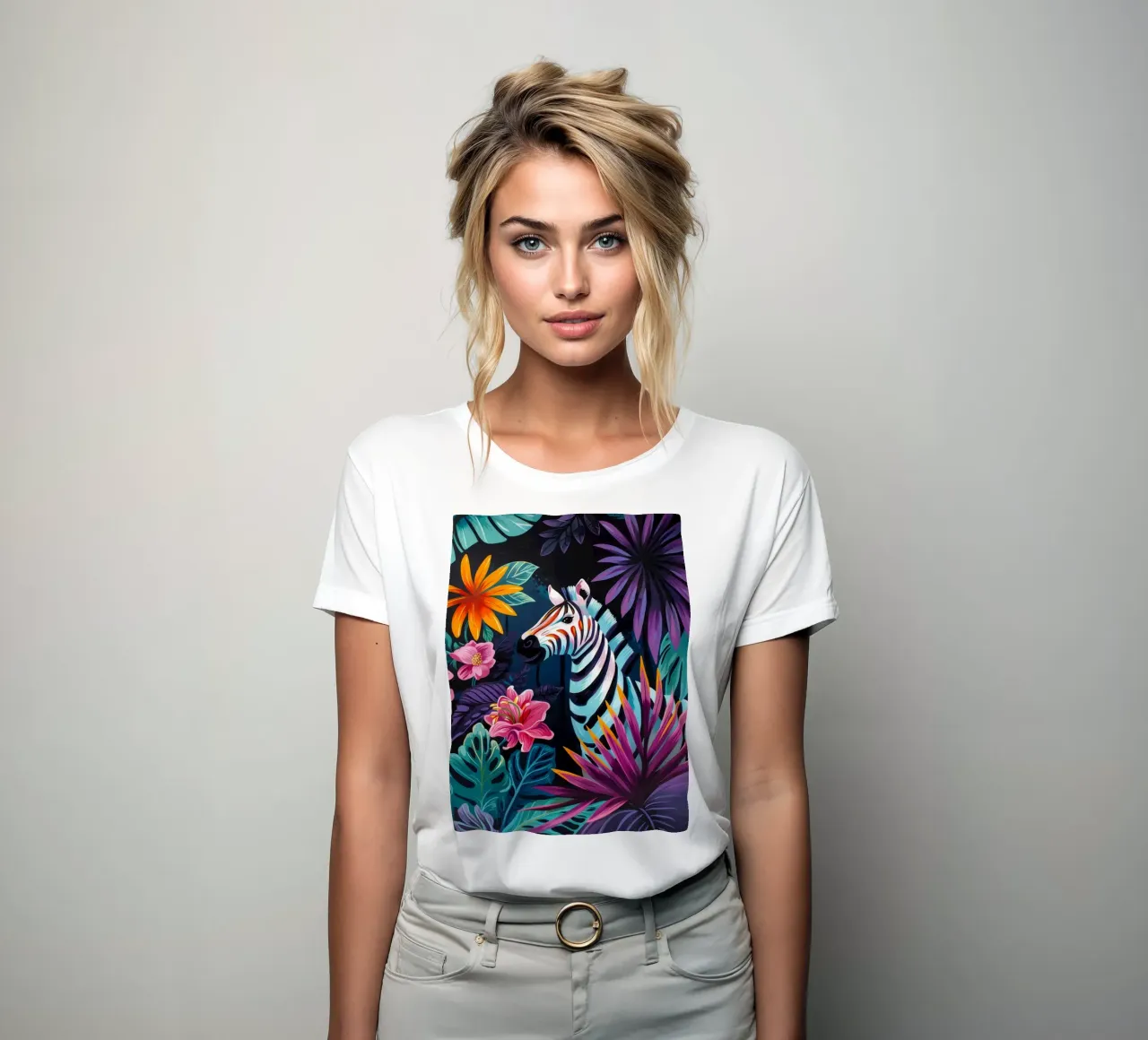 Zebra in un ambiente floreale tropicale t-shirt da donna da PosterByFly