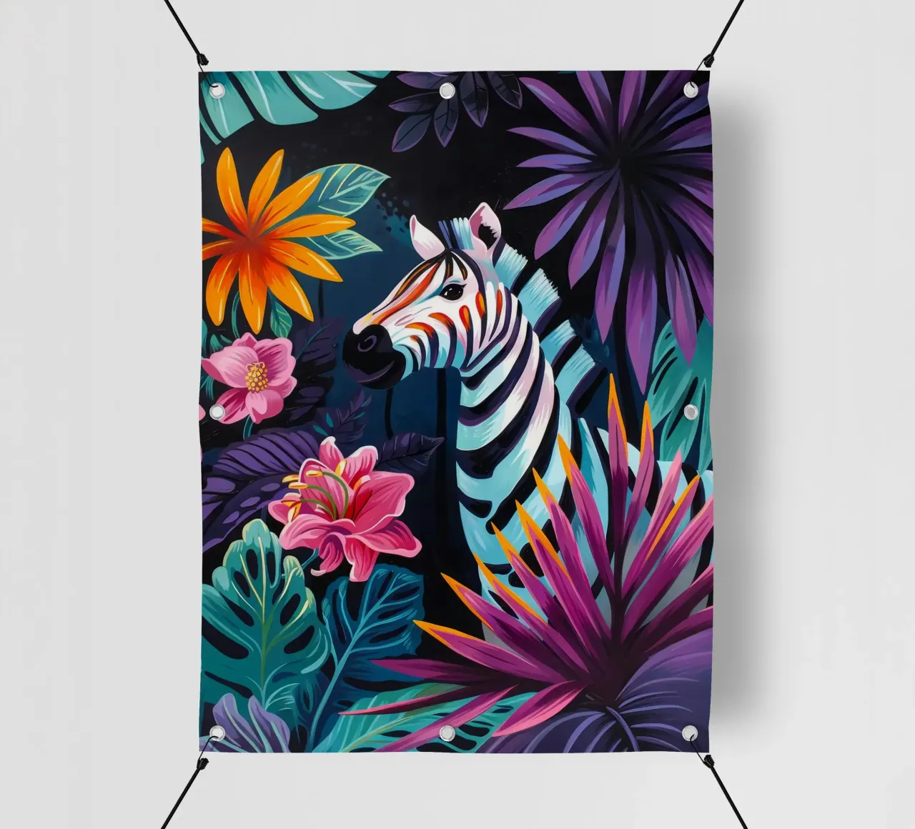 Zebra in un ambiente floreale tropicale telo in pvc da PosterByFly