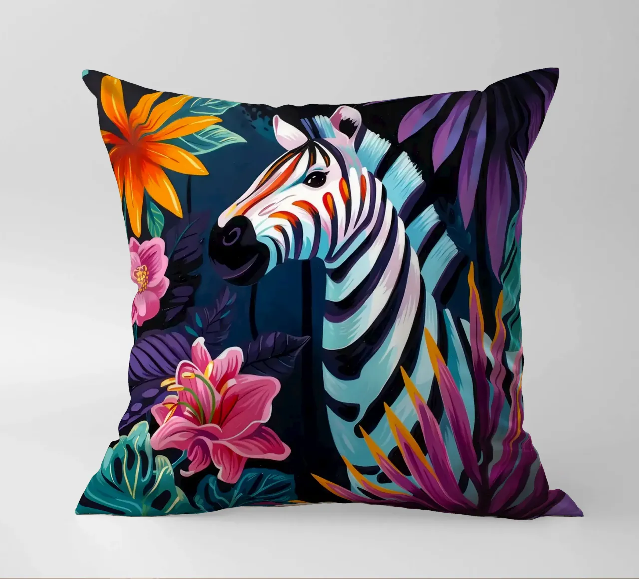 Zebra in un ambiente floreale tropicale cuscino da PosterByFly