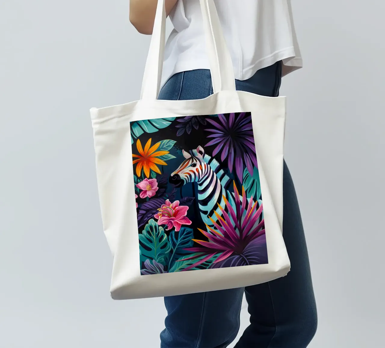 Zebra in un ambiente floreale tropicale borsa in juta da PosterByFly