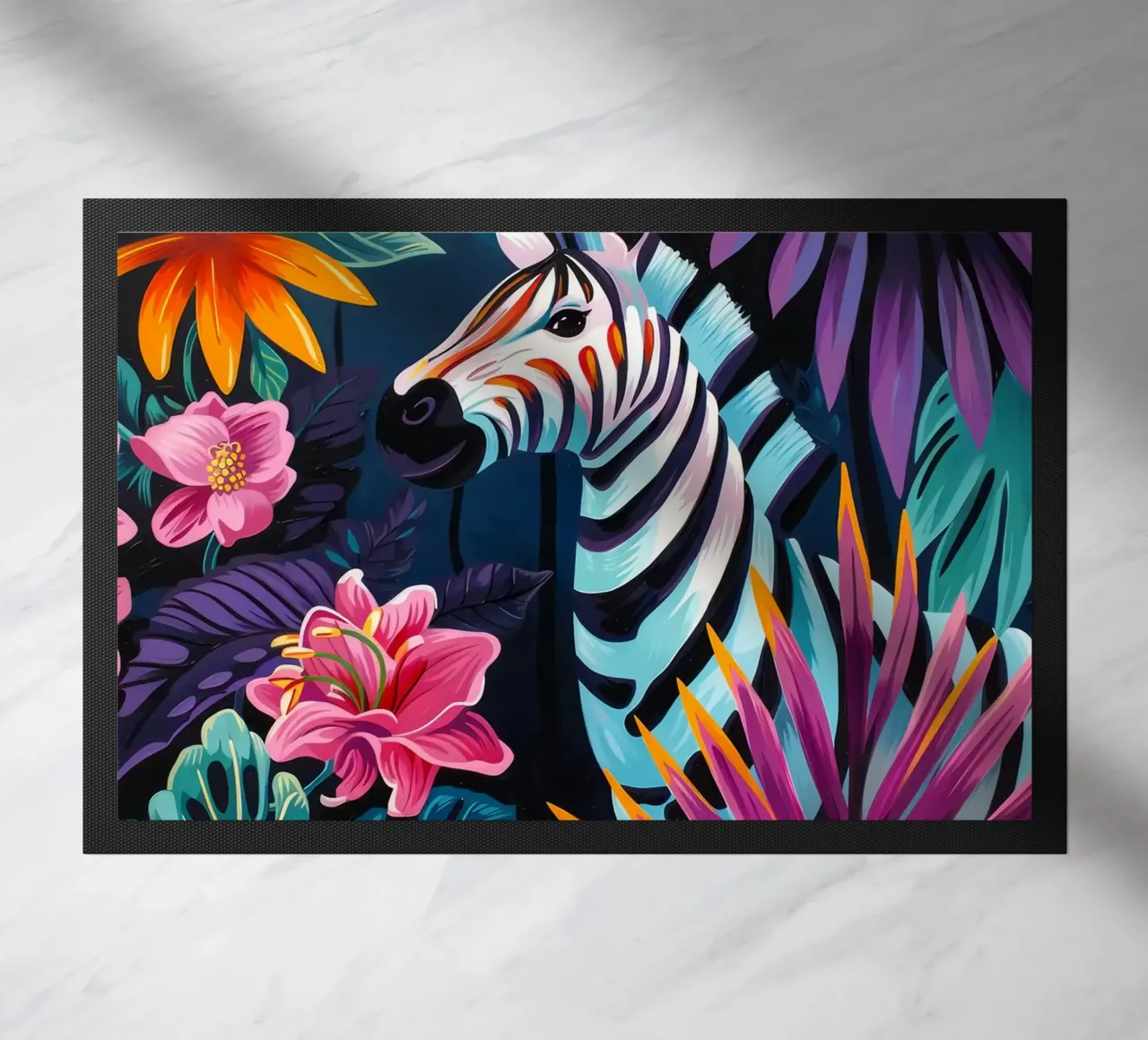 Zebra in un ambiente floreale tropicale zerbino da PosterByFly