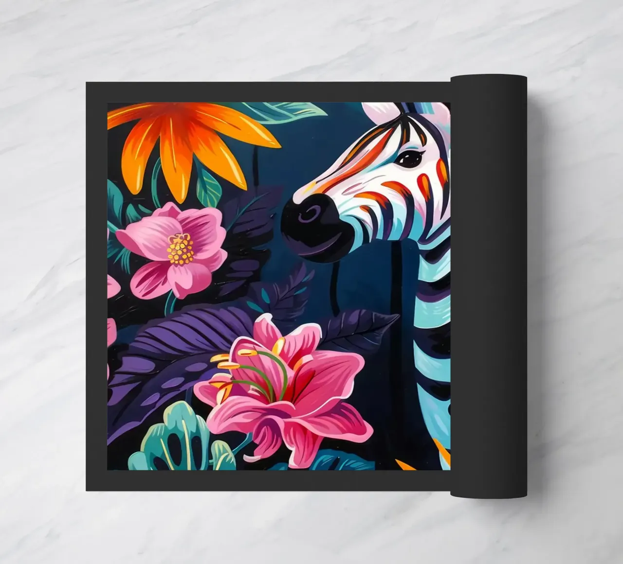 Zebra in un ambiente floreale tropicale zerbino da PosterByFly